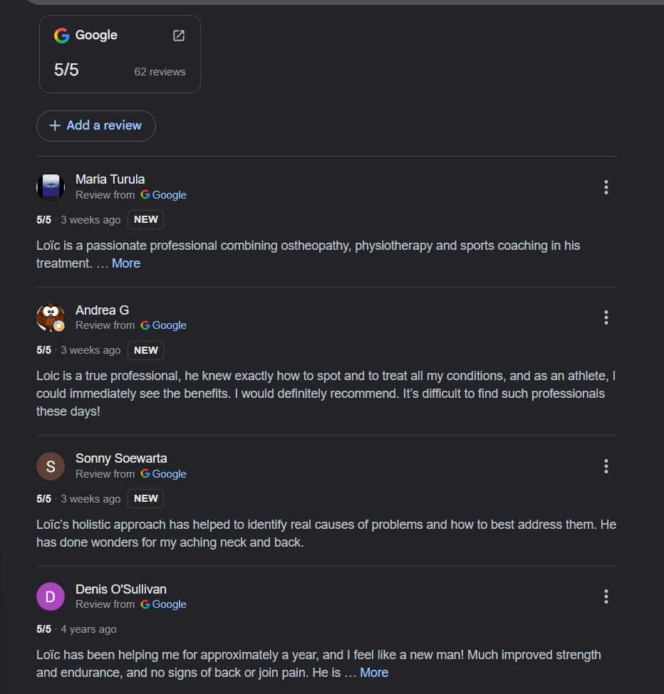 Aperçu des avis Google pour Loïc Dewez Ostéopathe